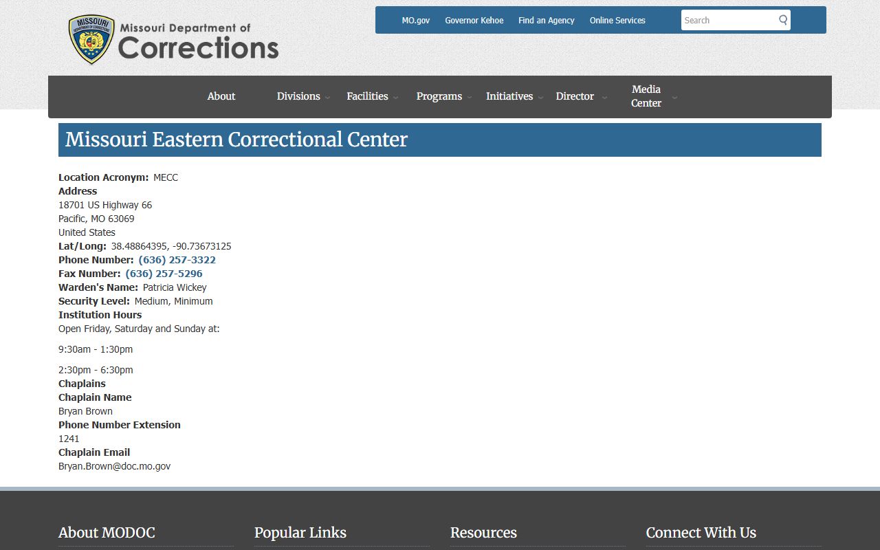 Missouri Eastern Correctional Center DOC inmate search facility page